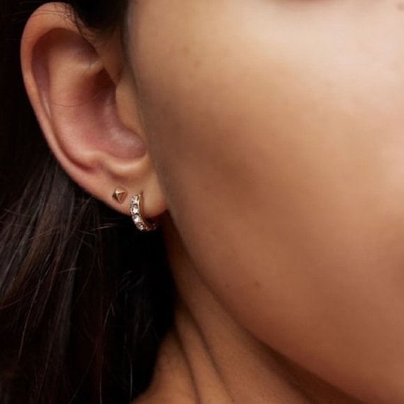 AllSaints New Gold Tone Brass Studded Huggie and Mini Square Studs Earring Set - Picture 3 of 7